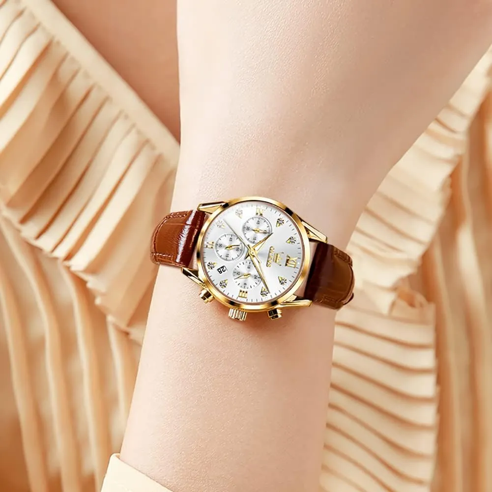 Quartz Rose Gold Female Watches Multifunction Chronograph Diamond Waterproof notable Inca elite Luminous Ladies OLEVS Women's Watches Brown Leather Strap Analog 