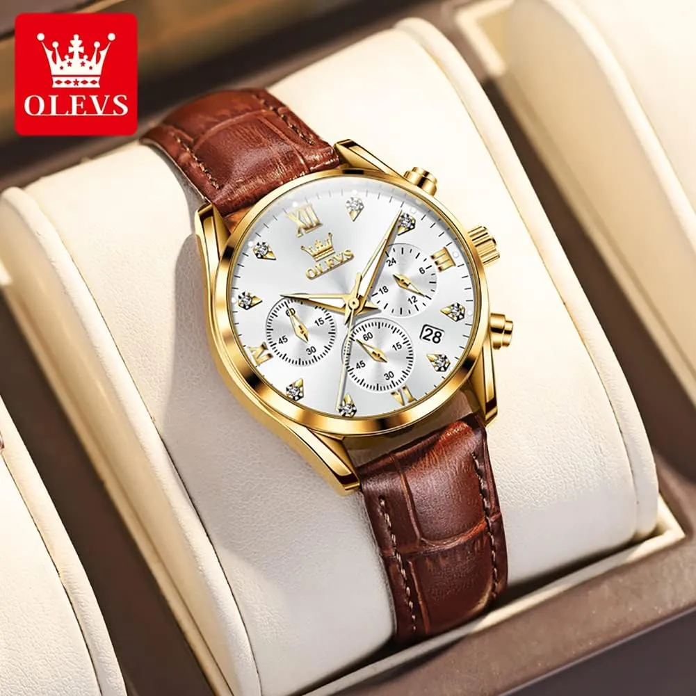Quartz Rose Gold Female Watches Multifunction Chronograph Diamond Waterproof notable Inca elite Luminous Ladies OLEVS Women's Watches Brown Leather Strap Analog 