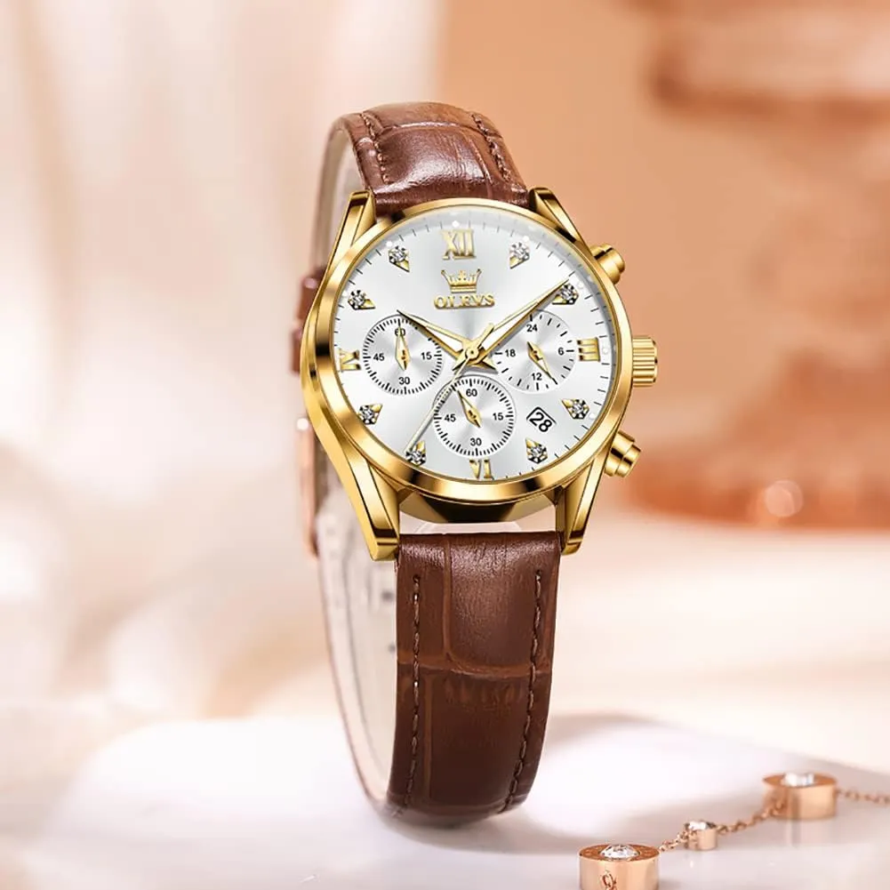 Quartz Rose Gold Female Watches Multifunction Chronograph Diamond Waterproof notable Inca elite Luminous Ladies OLEVS Women's Watches Brown Leather Strap Analog 