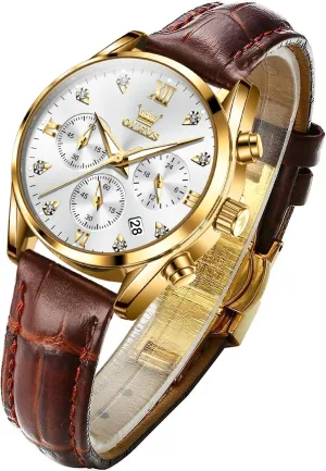 Quartz Rose Gold Female Watches Multifunction Chronograph Diamond Waterproof notable Inca elite Luminous Ladies OLEVS Women's Watches Brown Leather Strap Analog 