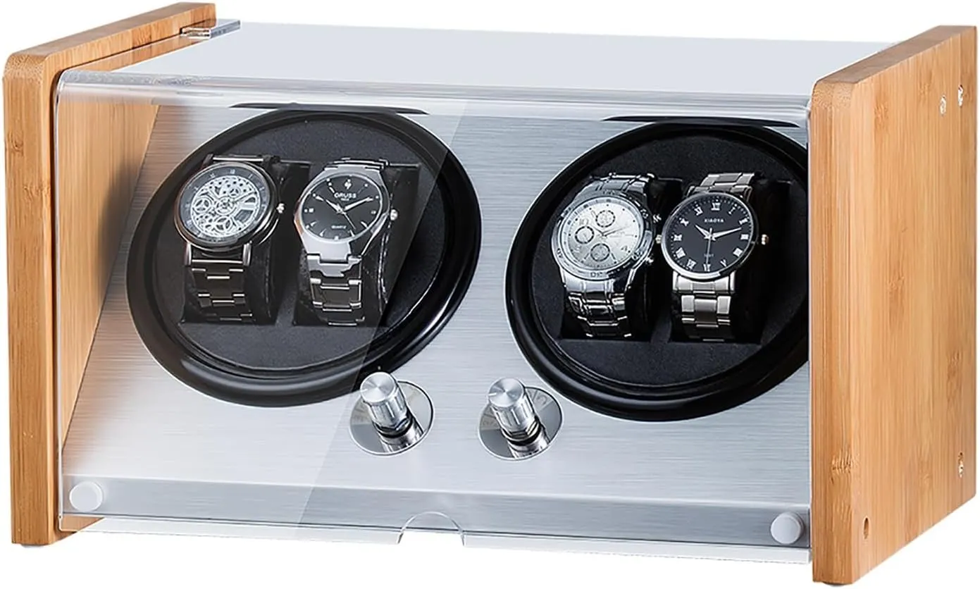 radial Arabian infrared moderate celebrate for 4 Watches Bamboo Wood Shell Watch Winder Box Self-Winding Mechanical Watch Case 5 Rotation Modes with Quiet Motor and Dual Power Supply,Silver Automatic Watch Winder 