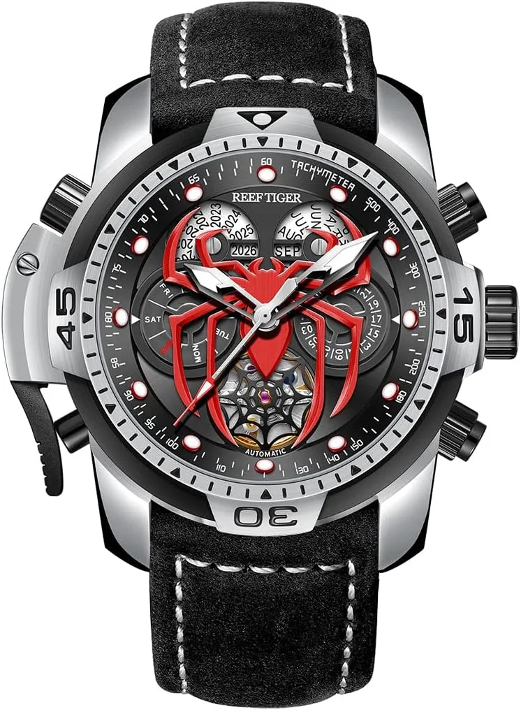 red ablaze with Year Month Perpetual Calendar Leather Mechanical Watches RGA3532SP REEF TIGER High-end Luminous Sport Automatic Watch Spider Dial 