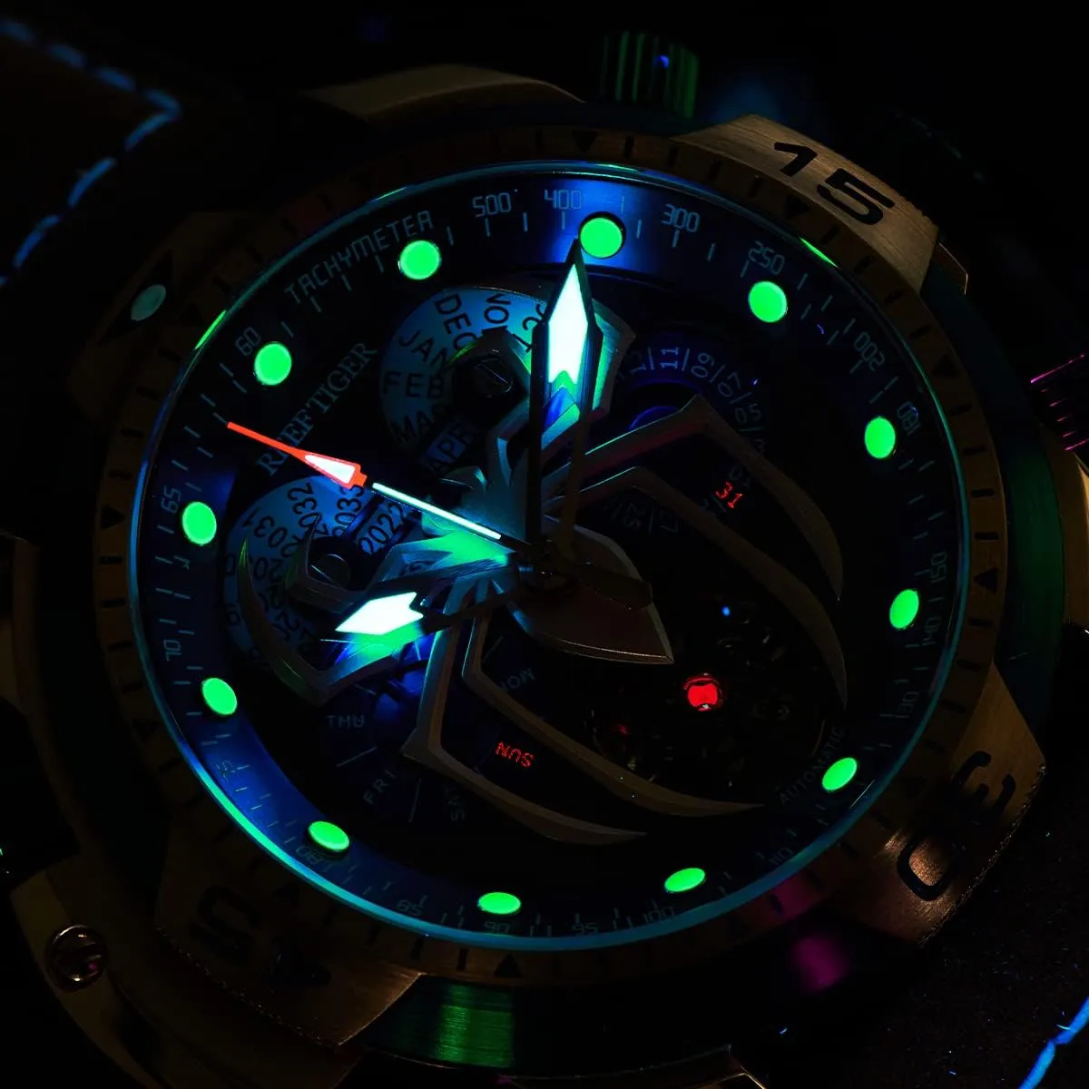 red ablaze with Year Month Perpetual Calendar Leather Mechanical Watches RGA3532SP REEF TIGER High-end Luminous Sport Automatic Watch Spider Dial 