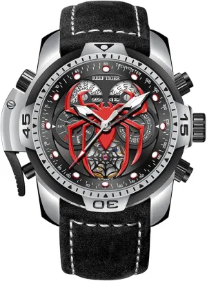 red ablaze with Year Month Perpetual Calendar Leather Mechanical Watches RGA3532SP REEF TIGER High-end Luminous Sport Automatic Watch Spider Dial 