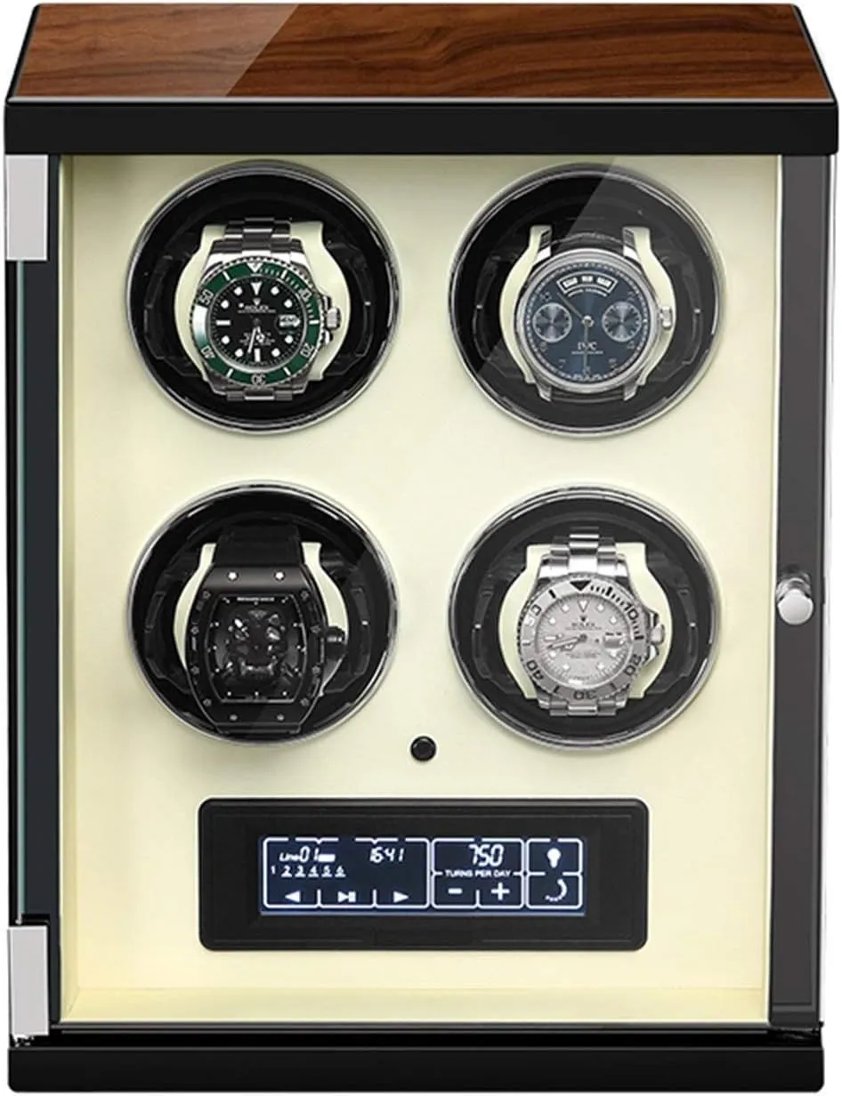 Remote Control Display Automatic Mechanical Display CBeige Watch Winder Box coral interject for 4 Automatic Watches LCD Display with Touch Panel Built-in Led Illuminated 5 Rotation Modes with 