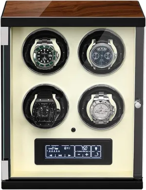 Remote Control Display Automatic Mechanical Display CBeige Watch Winder Box coral interject for 4 Automatic Watches LCD Display with Touch Panel Built-in Led Illuminated 5 Rotation Modes with 
