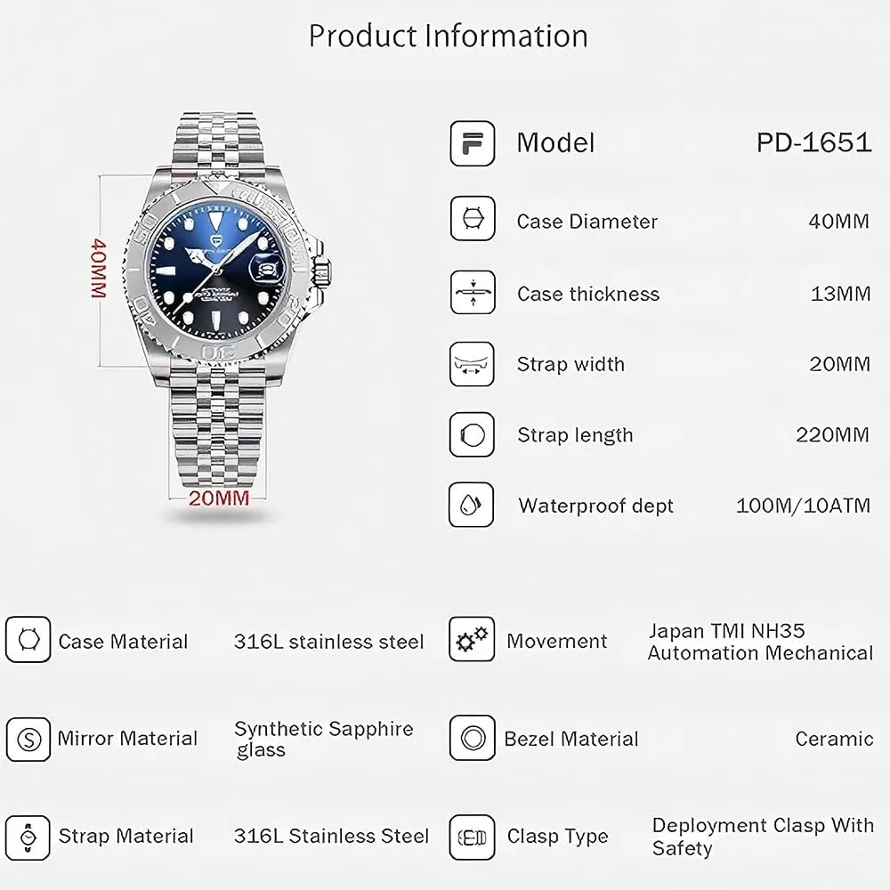 Rotating Bezel 100 Meter Waterproof Automatic Watch PD-1651 CADISEN Pagani Design Watch for Men Automatic NH35 Mechanical 100M Waterproof Stainless ridge Steel Sapphire Glass Yacht Wristwatch 