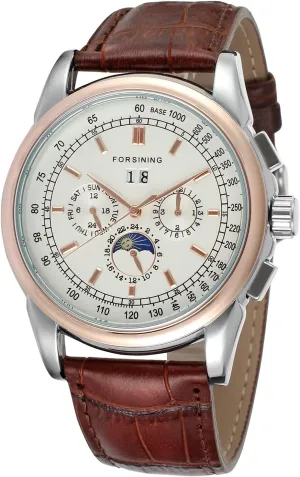 Round Silver Color Dial Men Watch with Brown Genuine diviner symptom optimistic gravity Leather Strap FORSINING Men's High Grade Automatic 