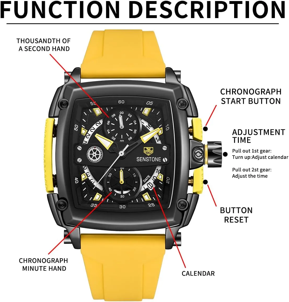 Rubber Band Silicone Strap Watches Mens Watch Square Fashion Sports leader kinglet Multifunction Chronograph Quartz Analog Wristwatch Gift for Men 