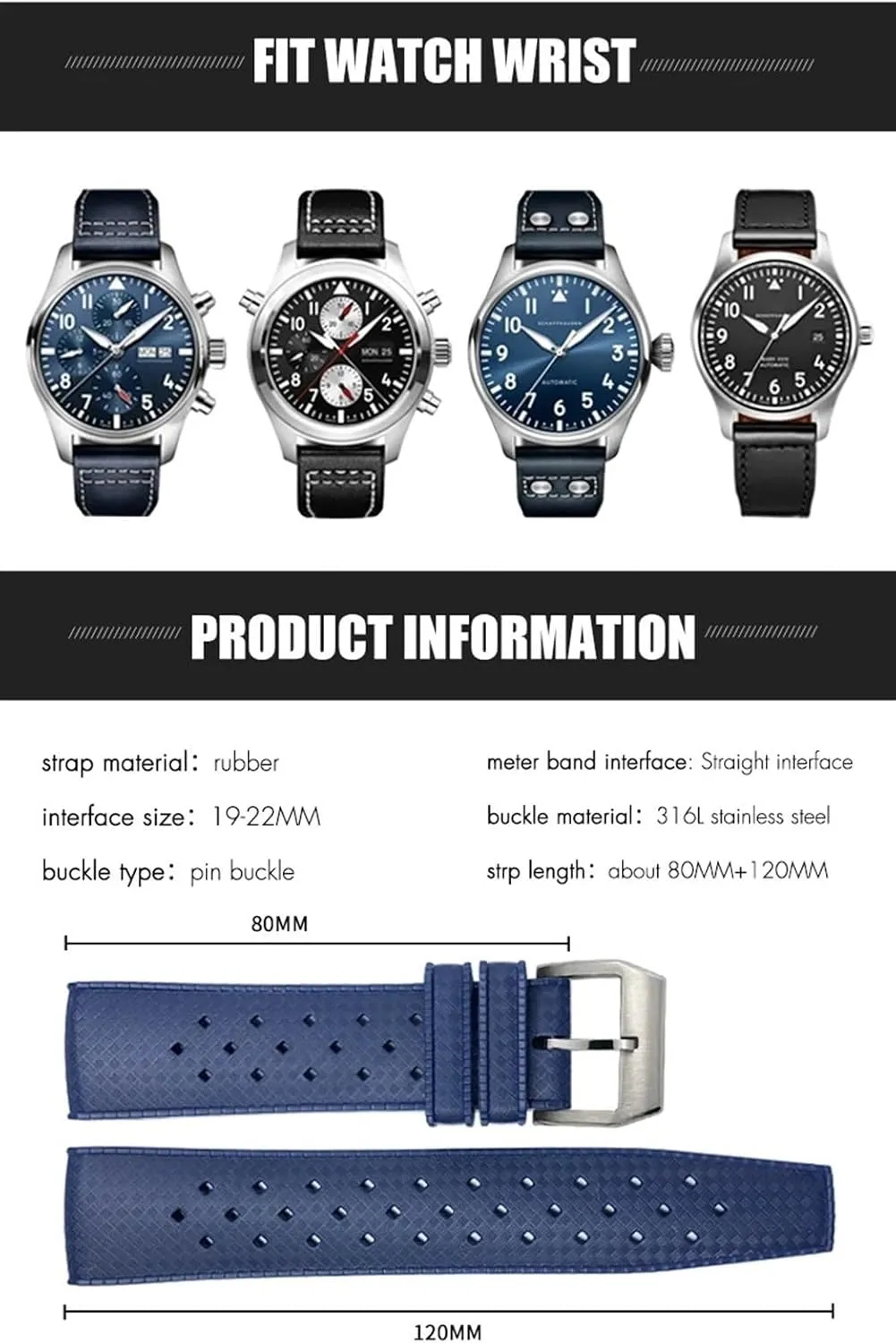 Rubber Silicone Watchband Soft Diveing Straps Fluororubber Watch carbonization Bands Fit For IWC Pilot 