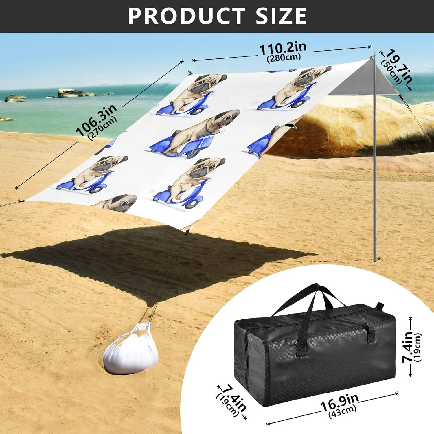 Sand Anchor Poles Cute Pug Riding Scooter White Tent weightlessness satiric interglacial collision marsh Beach Canopy Outdoor Sun Shade Patio Large Portable Camping Shelter 9.2 ?? 10.5 FT Shelters with 