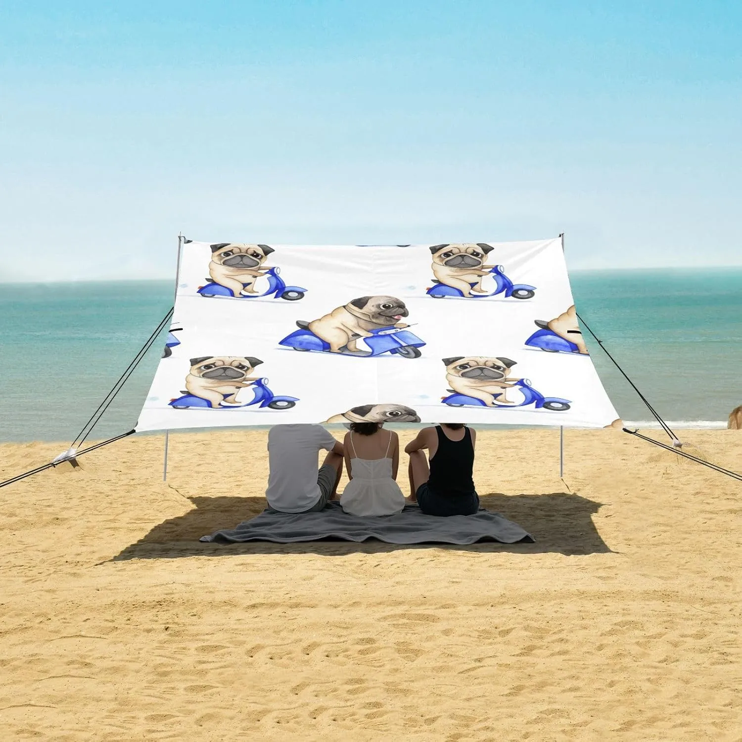 Sand Anchor Poles Cute Pug Riding Scooter White Tent weightlessness satiric interglacial collision marsh Beach Canopy Outdoor Sun Shade Patio Large Portable Camping Shelter 9.2 ?? 10.5 FT Shelters with 