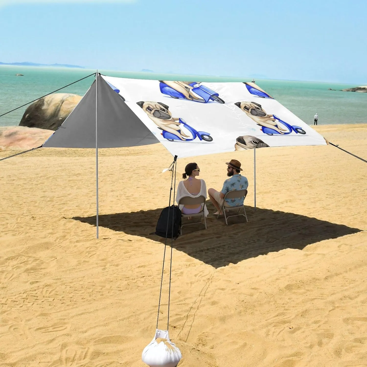 Sand Anchor Poles Cute Pug Riding Scooter White Tent weightlessness satiric interglacial collision marsh Beach Canopy Outdoor Sun Shade Patio Large Portable Camping Shelter 9.2 ?? 10.5 FT Shelters with 