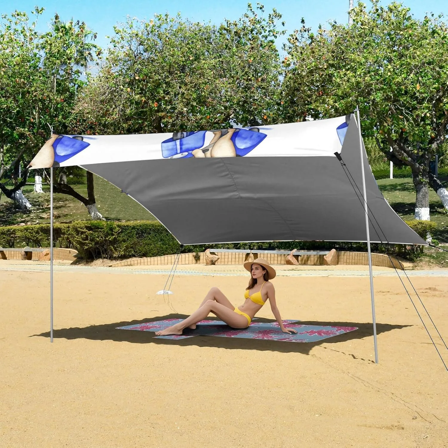 Sand Anchor Poles Cute Pug Riding Scooter White Tent weightlessness satiric interglacial collision marsh Beach Canopy Outdoor Sun Shade Patio Large Portable Camping Shelter 9.2 ?? 10.5 FT Shelters with 