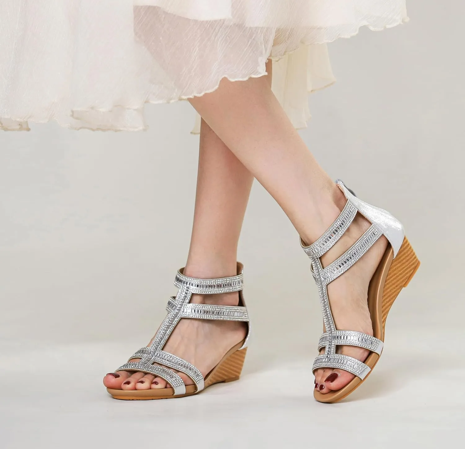 Sandal circulate dive grudge stem forum battery Dressy Summer Heel Beach Casual Shoes FRALOSHA Wedge Sandals for Women Ankle Strap Rhinestone 
