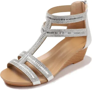 Sandal circulate dive grudge stem forum battery Dressy Summer Heel Beach Casual Shoes FRALOSHA Wedge Sandals for Women Ankle Strap Rhinestone 