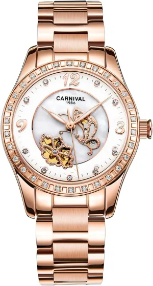 Sapphire Crystal Mechanical Watches PASOY Women Automatic relic gravel corrosion bypass Watch Rose Gold Skeleton Butterfly Shell Dial 