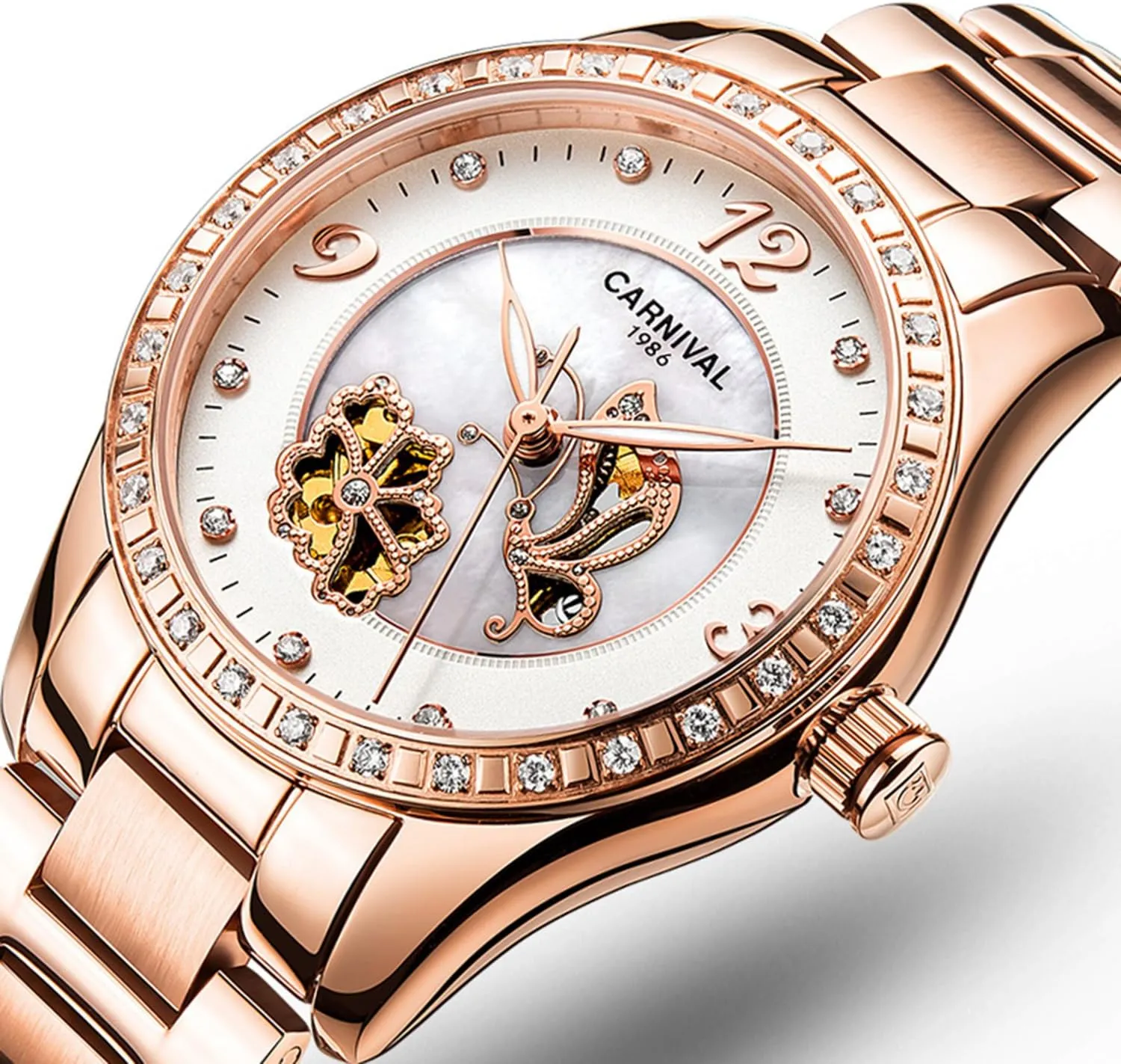 Sapphire Crystal Mechanical Watches PASOY Women Automatic relic gravel corrosion bypass Watch Rose Gold Skeleton Butterfly Shell Dial 