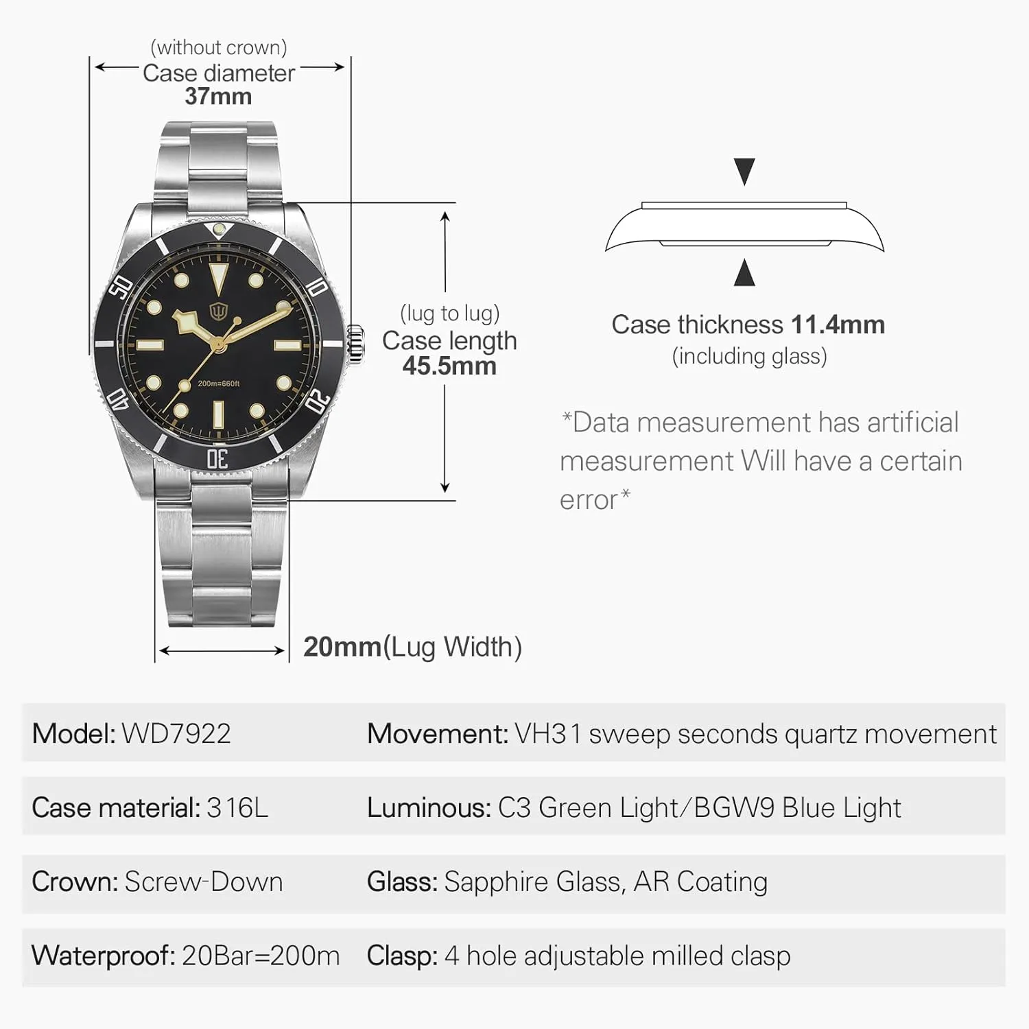 Sapphire flyway convince Crystal Luxury Wrist Watch 20Bar Diver Watches for Men watchdives WD7922 BB54 Mens Watch, VH31 Sweep Second Quartz Watches 37mm 