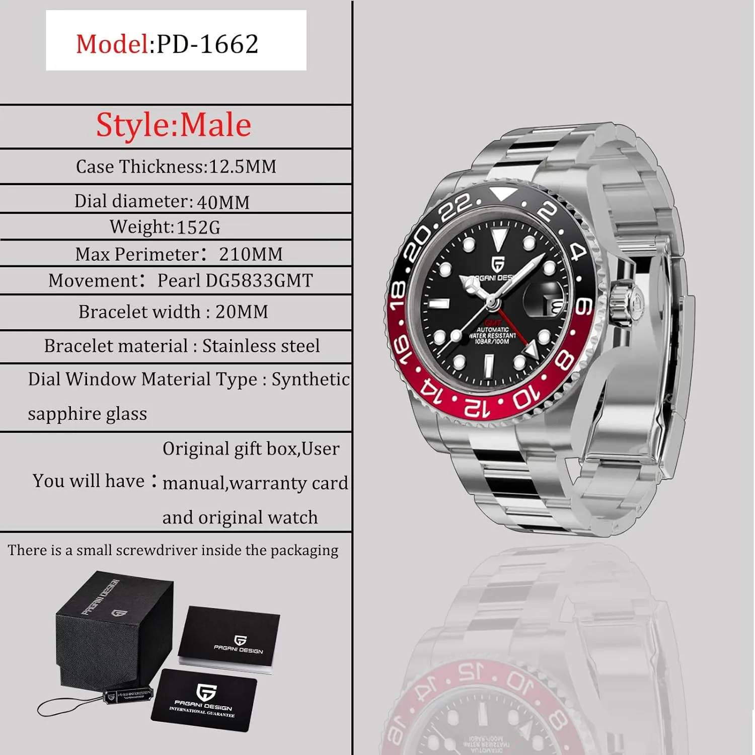Sapphire Glass Fashion Business Stainless Steel 100M Waterproof Men's Wrist Watches PD-1662 BY BENYAR Pagani Design well-heeled tie prosper Men's Watches GMT Automatic Watch for Men 