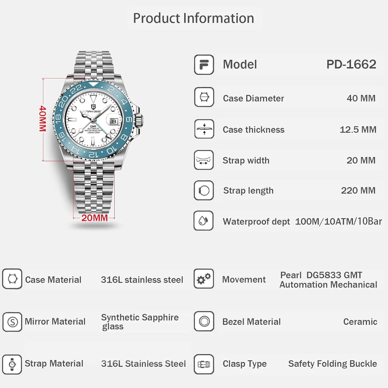Sapphire Glass Mechanical Wristwatches PD-1662 Men Watch Pagani Design GMT Watches observatory for Men Automatic 40MM Date 100M Waterproof Stainless Steel 