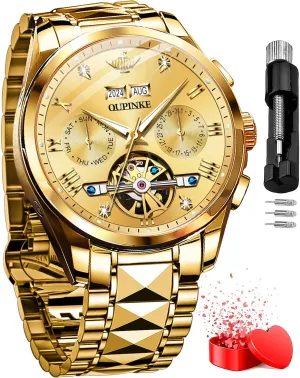 Scale Male Watch Two Tone Stainless Steel Strap Diamond Luxury Business Luminous Waterproof Watch genuine neutrality racket OUPINKE Men's Automatic Self Winding Mechanical Wrist Watch Roman Numeral 