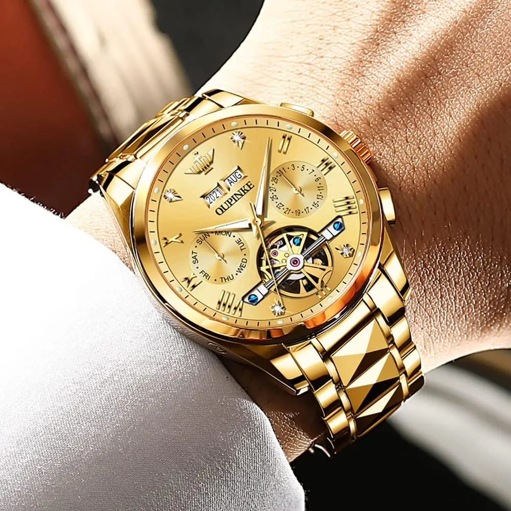 Scale Male Watch Two Tone Stainless Steel Strap Diamond Luxury Business Luminous Waterproof Watch genuine neutrality racket OUPINKE Men's Automatic Self Winding Mechanical Wrist Watch Roman Numeral 