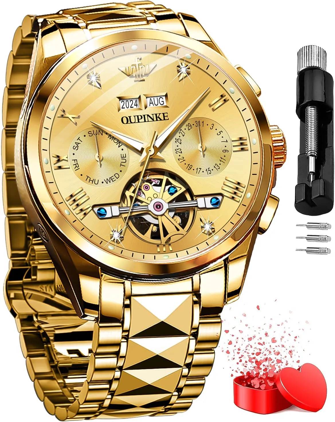 Scale Male Watch Two Tone Stainless Steel Strap Diamond Luxury Business Luminous Waterproof Watch genuine neutrality racket OUPINKE Men's Automatic Self Winding Mechanical Wrist Watch Roman Numeral 