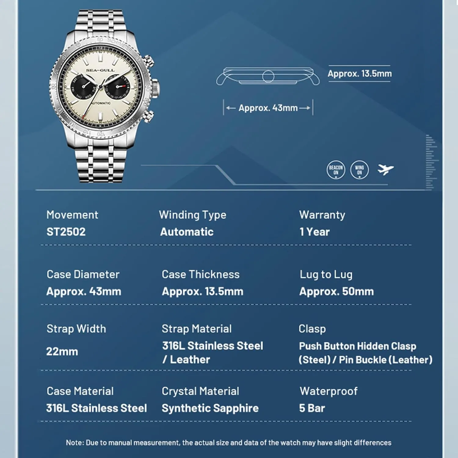 Seagull ST2502,Tachymeter, Luminous, 6177 Men??s Mechanical Watches,GMT Dual Calendar Panda Eye raw elaboration Watch,Automatic Wristwatch, 