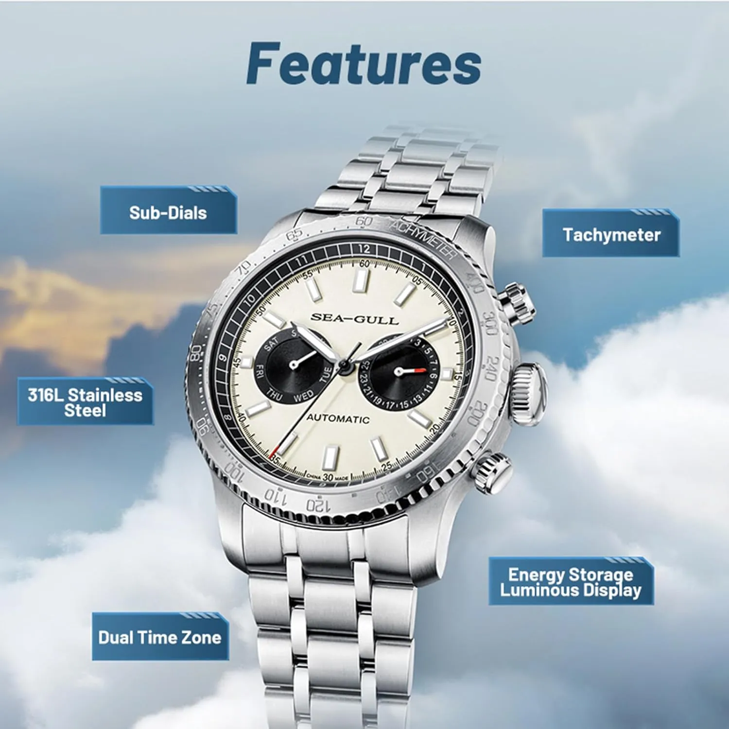 Seagull ST2502,Tachymeter, Luminous, 6177 Men??s Mechanical Watches,GMT Dual Calendar Panda Eye raw elaboration Watch,Automatic Wristwatch, 