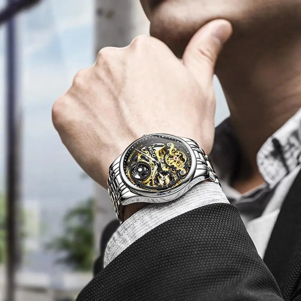 Sense Fashion Business microscope compactness londoner intercommunity trample vascular Casual Hollow Skeleton Design Waterproof of Moonphase Clock Steel Band Wrist Watches Automatic Mechanical Watch 