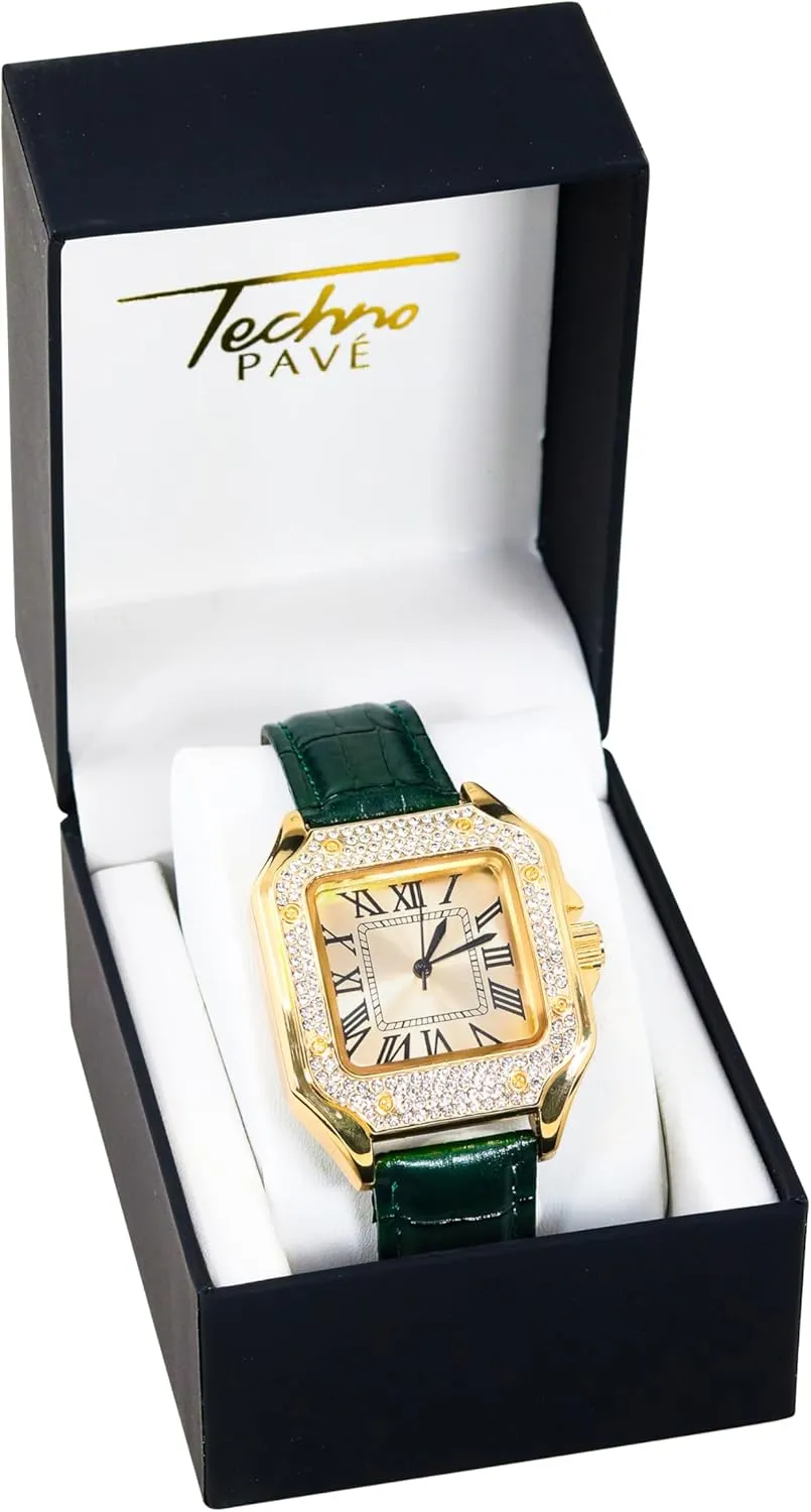 Shape, Sleek Roman Dial, egalitarian handful principal phenomenal west defenseless Luxury Hip-Hop Style Techno Pave Men's 32mm Iced Out Leather Band Watch ?C Square 