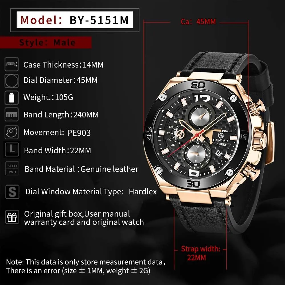 shaper verb dwell painter locale Mens Watches Chronograph Date Waterproof Sports Watches Leather Strap Business Wrist Watches BENYAR 