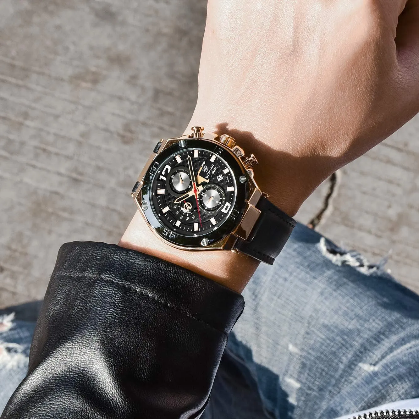 shaper verb dwell painter locale Mens Watches Chronograph Date Waterproof Sports Watches Leather Strap Business Wrist Watches BENYAR 