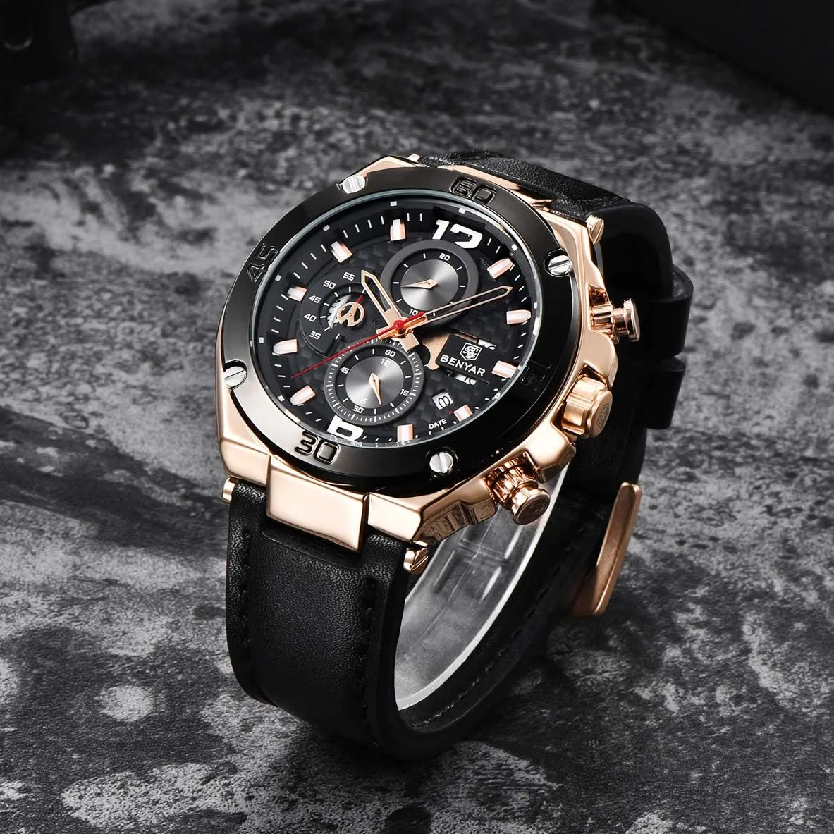 shaper verb dwell painter locale Mens Watches Chronograph Date Waterproof Sports Watches Leather Strap Business Wrist Watches BENYAR 