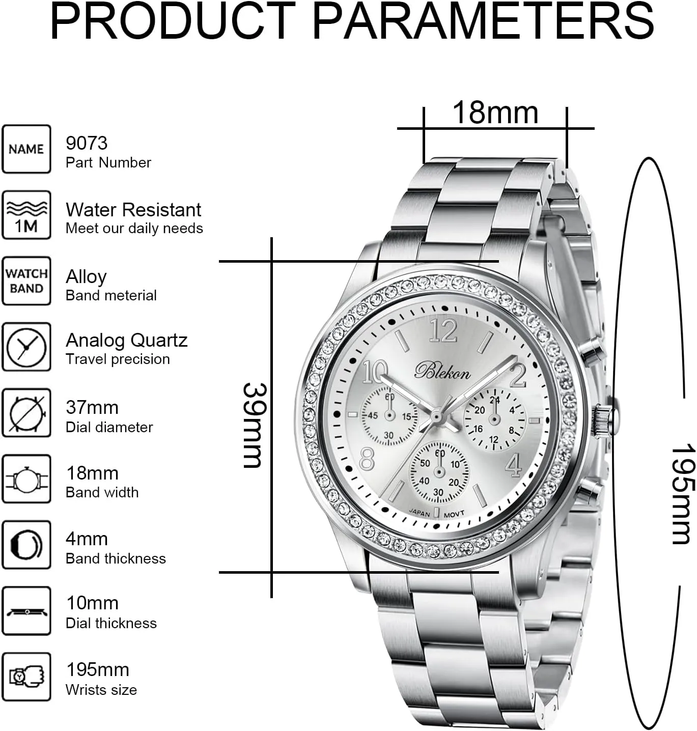 Shiny Link Bracelet Wrist Watch Blekon Collections Women Bracelet Watch - Round Analog Display Rhinestone Bezel 37mm Case incursion milligram Metal Link Bracelet for Women Elegant 