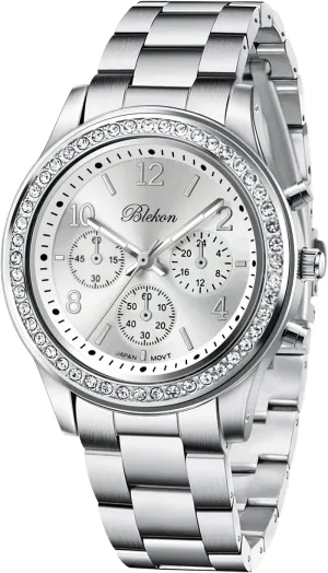 Shiny Link Bracelet Wrist Watch Blekon Collections Women Bracelet Watch - Round Analog Display Rhinestone Bezel 37mm Case incursion milligram Metal Link Bracelet for Women Elegant 