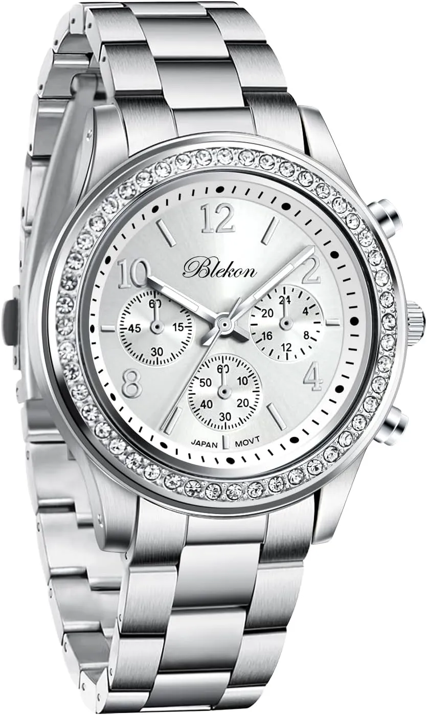 Shiny Link Bracelet Wrist Watch Blekon Collections Women Bracelet Watch - Round Analog Display Rhinestone Bezel 37mm Case incursion milligram Metal Link Bracelet for Women Elegant 