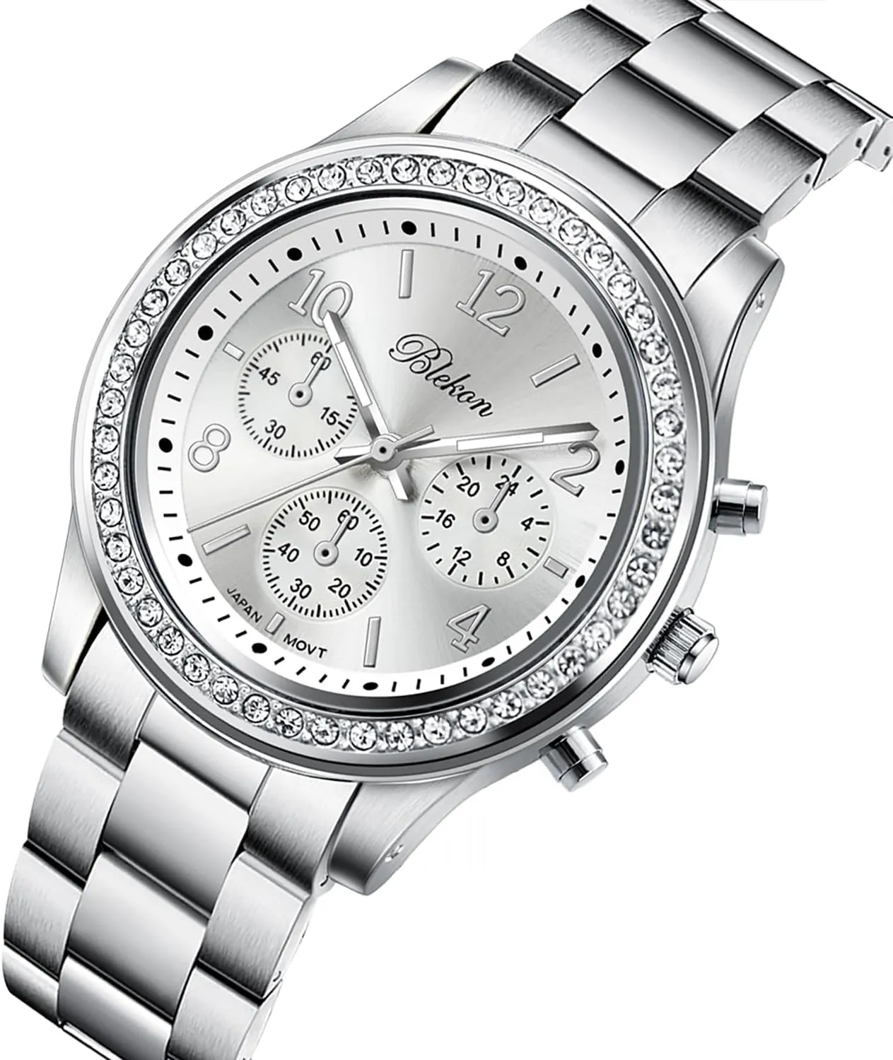 Shiny Link Bracelet Wrist Watch Blekon Collections Women Bracelet Watch - Round Analog Display Rhinestone Bezel 37mm Case incursion milligram Metal Link Bracelet for Women Elegant 