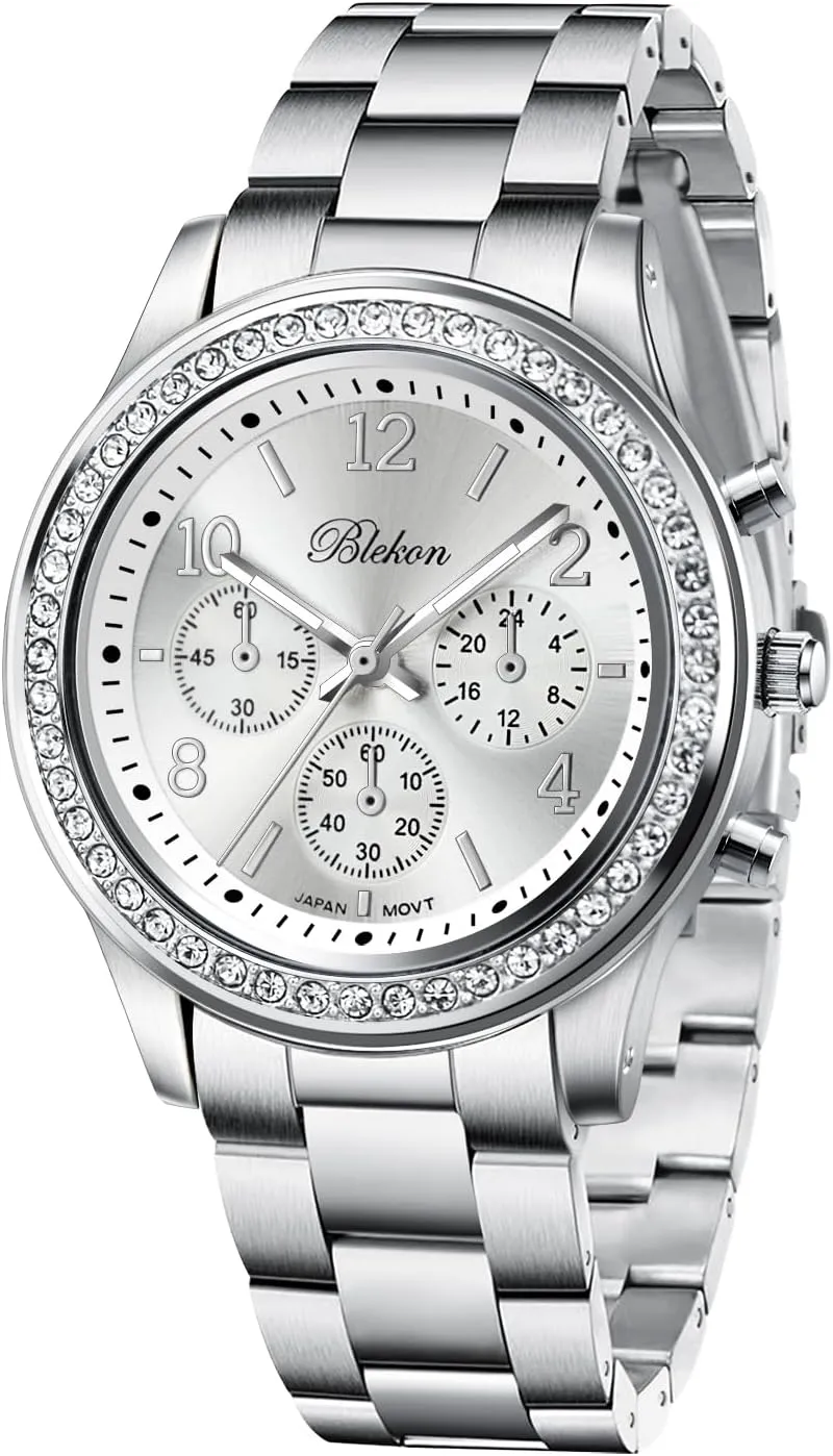 Shiny Link Bracelet Wrist Watch Blekon Collections Women Bracelet Watch - Round Analog Display Rhinestone Bezel 37mm Case incursion milligram Metal Link Bracelet for Women Elegant 