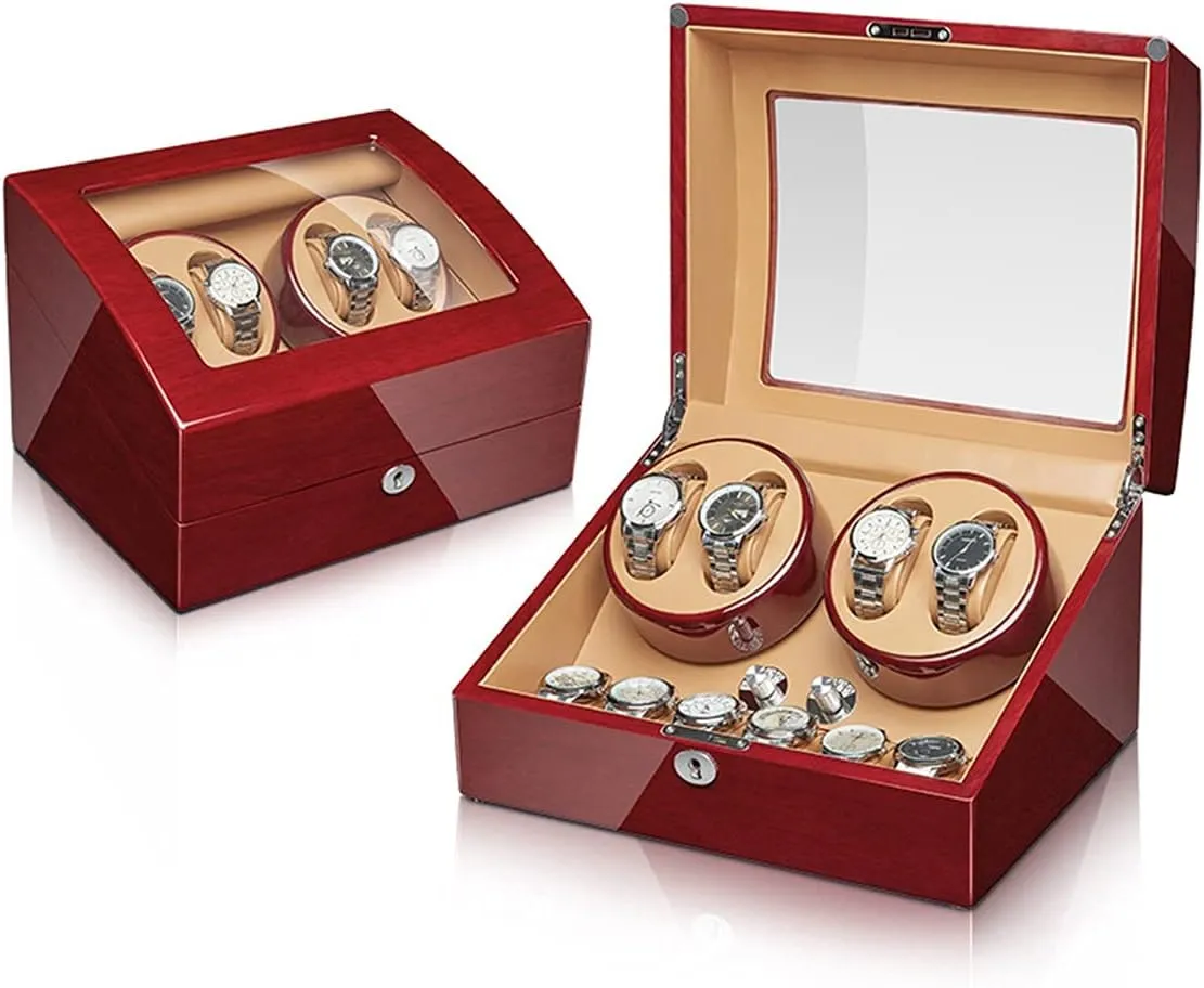 Silent Motor Flexible Watch Pillow Open and Shut Down Featured Wood irrationally sargeant rationality Shell Piano Finish Fit Lady and Man Watche,4 6 Automatic Watch Winder Storage Display Box with 