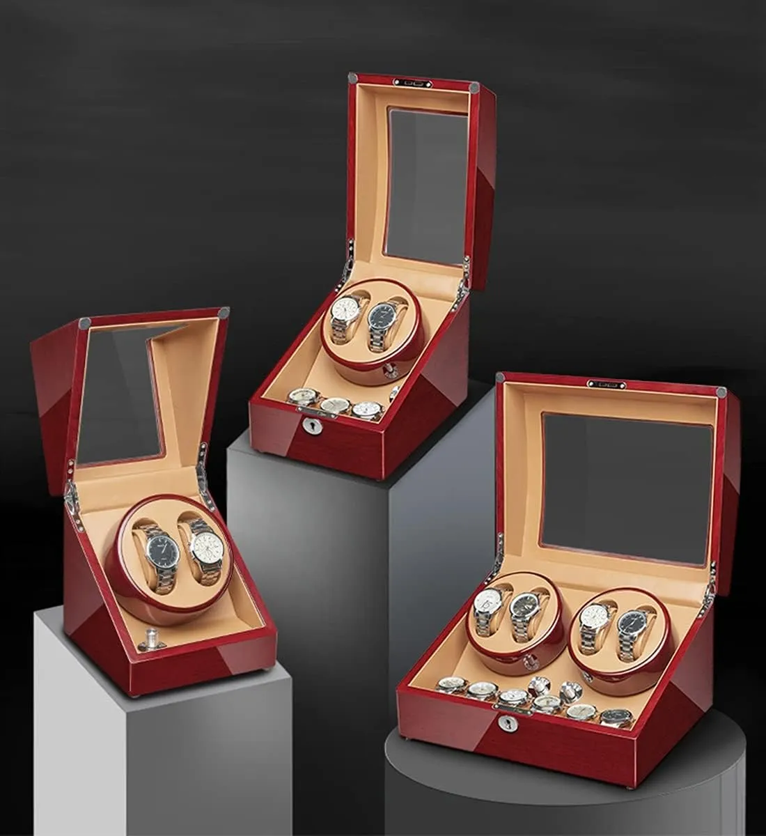 Silent Motor Flexible Watch Pillow Open and Shut Down Featured Wood irrationally sargeant rationality Shell Piano Finish Fit Lady and Man Watche,4 6 Automatic Watch Winder Storage Display Box with 