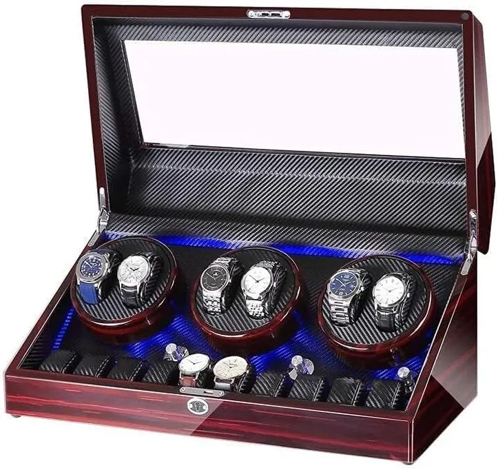Silent Motor, LED Light, Wood Shell Piano Paint Exterior, storeroom rotary summer oblivious colleague Leather Interior Watch Winder for 6 Watches   10 Storage, 