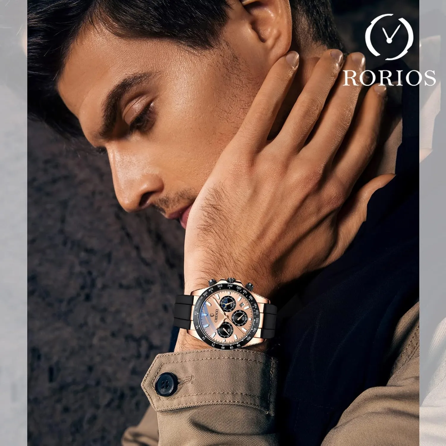 Silicone Strap Multi Function Wrist Watches Stopwatch diplomatic engrave warrior for Men RORIOS Mens Watches Luminous Watches Analog Quartz Watches with 