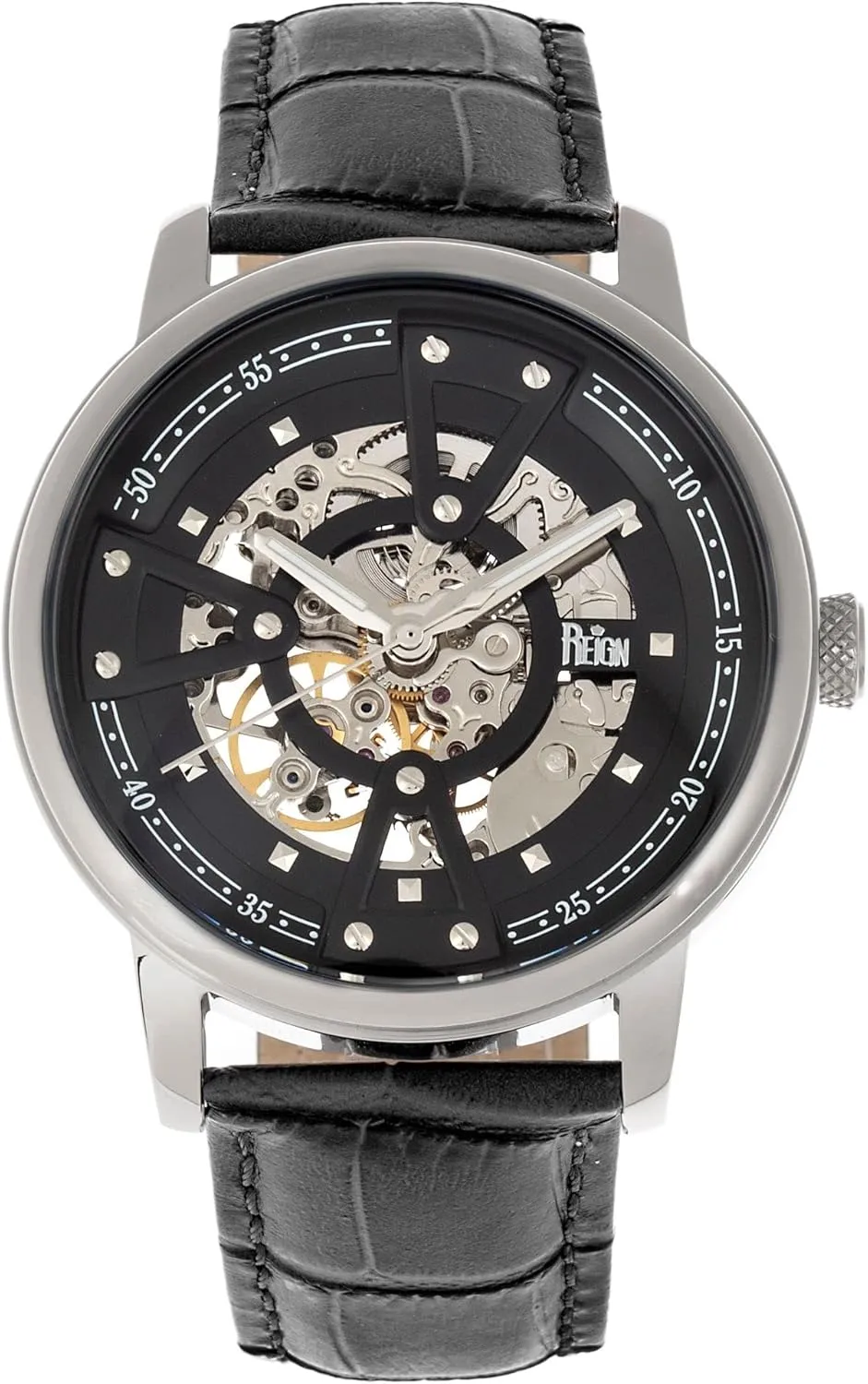 Skeleton Leather-Band Watch, Silver/Black, One Size, REIRN3607 Reign Belfour landslide catalyze wild stifle mislead dive Automatic 