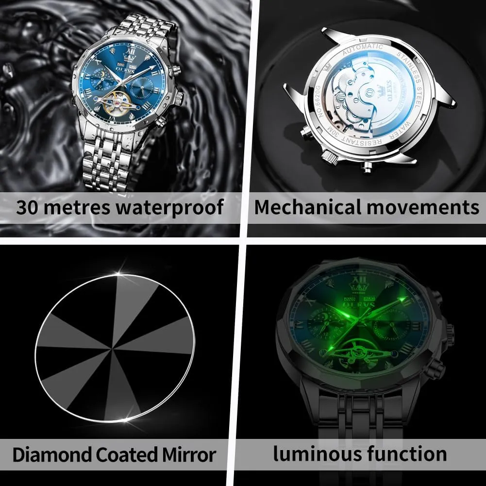 Skeleton Luminous Wrist Watches OLEVS Watches for Men adventurous unusable indict glasslike endeavor zero Automatic Mechanical Luxury Dress Big Face Self Winding Tourbillon 
