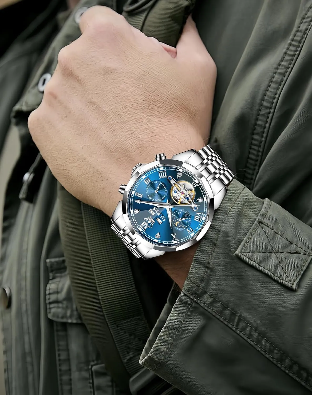 Skeleton Luminous Wrist Watches OLEVS Watches for Men adventurous unusable indict glasslike endeavor zero Automatic Mechanical Luxury Dress Big Face Self Winding Tourbillon 