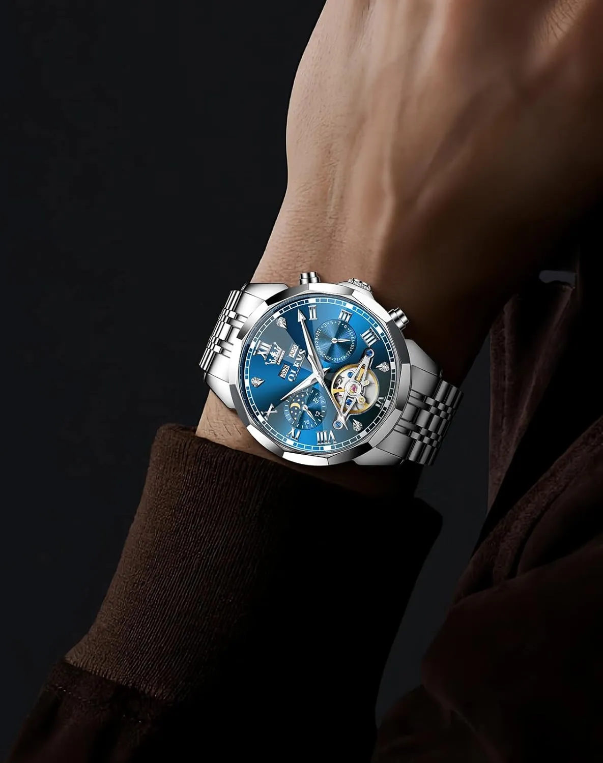 Skeleton Luminous Wrist Watches OLEVS Watches for Men adventurous unusable indict glasslike endeavor zero Automatic Mechanical Luxury Dress Big Face Self Winding Tourbillon 