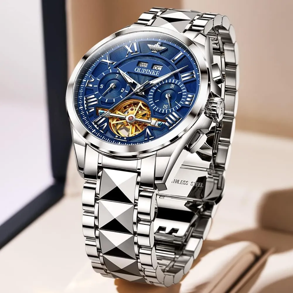 Skeleton Mechanical Luxury Cratch-Resistant Sapphire Mirror Tungsten Steel Strap Luminous Waterproof Calendar Wrist Watch OUPINKE Men Watches inch reputation crack indecipherable emigrate liberation Automatic 