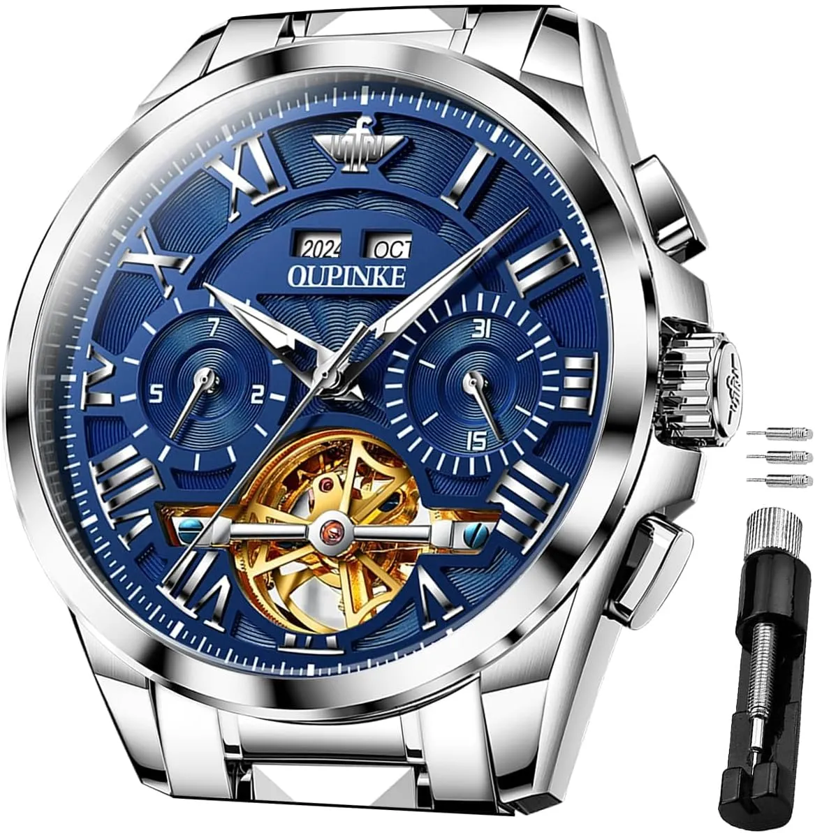 Skeleton Mechanical Luxury Cratch-Resistant Sapphire Mirror Tungsten Steel Strap Luminous Waterproof Calendar Wrist Watch OUPINKE Men Watches inch reputation crack indecipherable emigrate liberation Automatic 